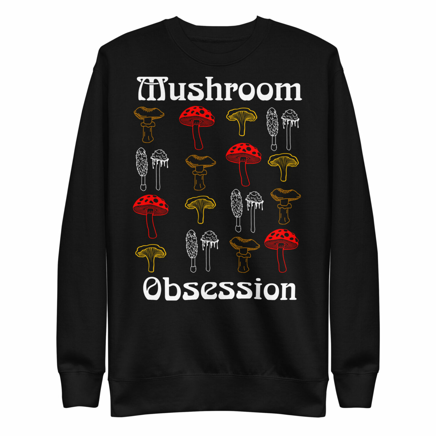 mushroom obsession sweatshirt. Northern Maine forest clothing and accessories feature mushrooms, trees and animals found in the north Maine woods. These original designs are by Mandy Wheaton crafted in her studio in Maine.