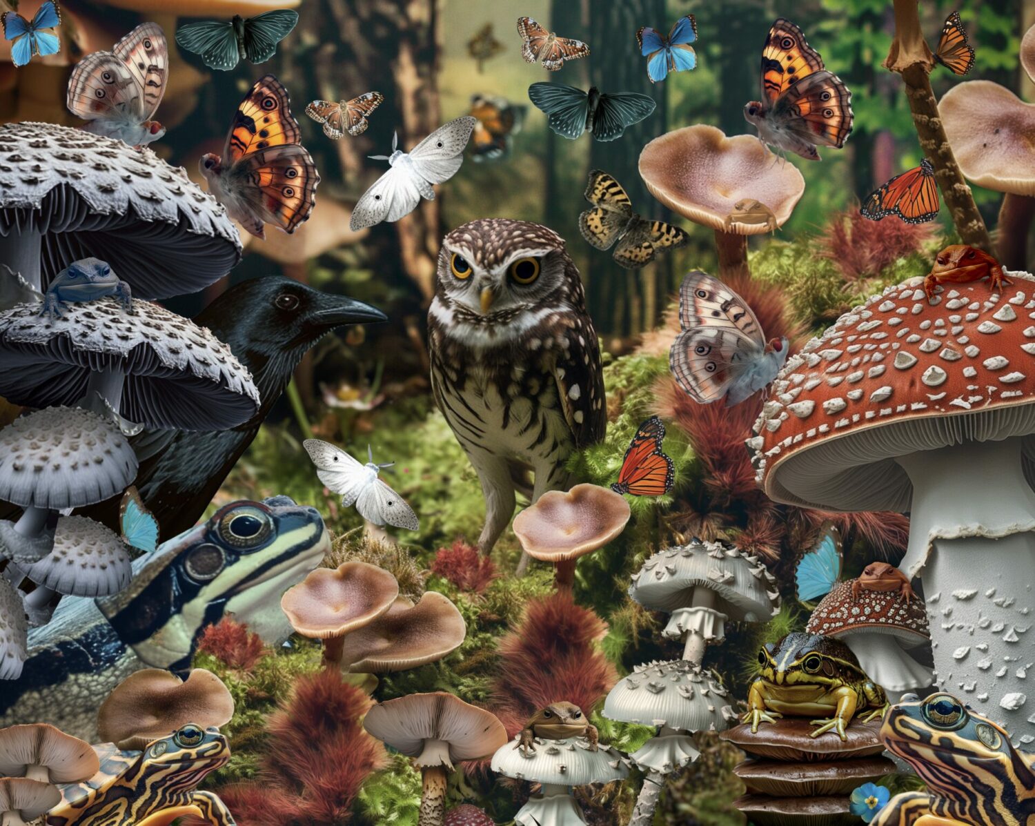 woodland creature puzzle with wild mushrooms, frogs, owls, toads, turtles, raven, butterflies and moths. This beautiful forest puzzle is one of our best selling nature puzzles and our favorite puzzles with wild mushrooms