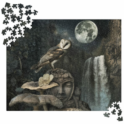 this owl puzzle with mushrooms in front of a waterfall is set in a night scene in the mysterious enchanted forest of lost city ruins puzzle with a full moon in the starry sky. the best owl puzzles are in our 500 piece nature puzzles collection.