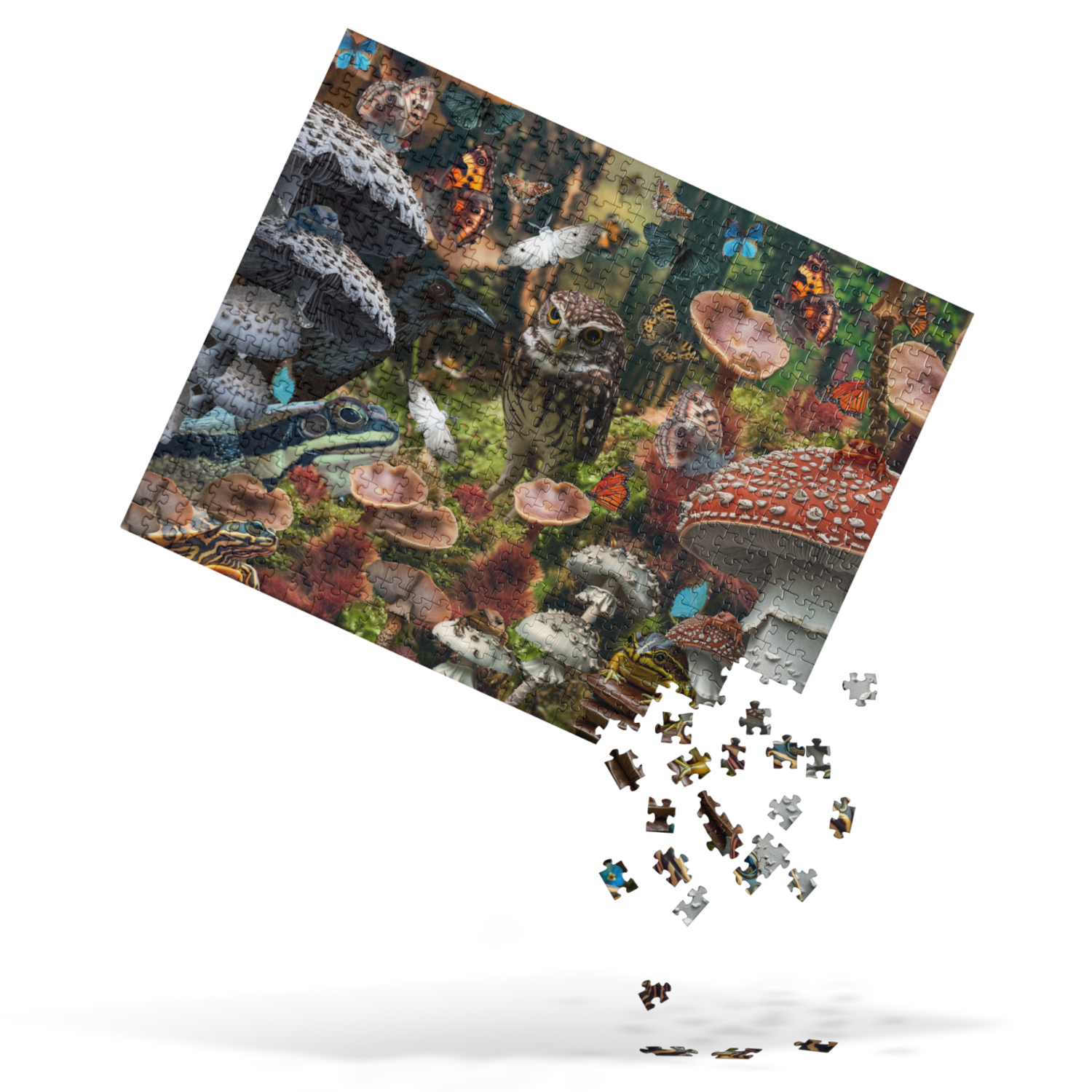 woodland creature puzzlewith wild mushrooms, frogs, owls, toads, turtles, raven, butterflies and moths are all the rage. This beautiful forest puzzle is one of our best selling nature puzzles and our top seller of puzzles with wild mushrooms. 