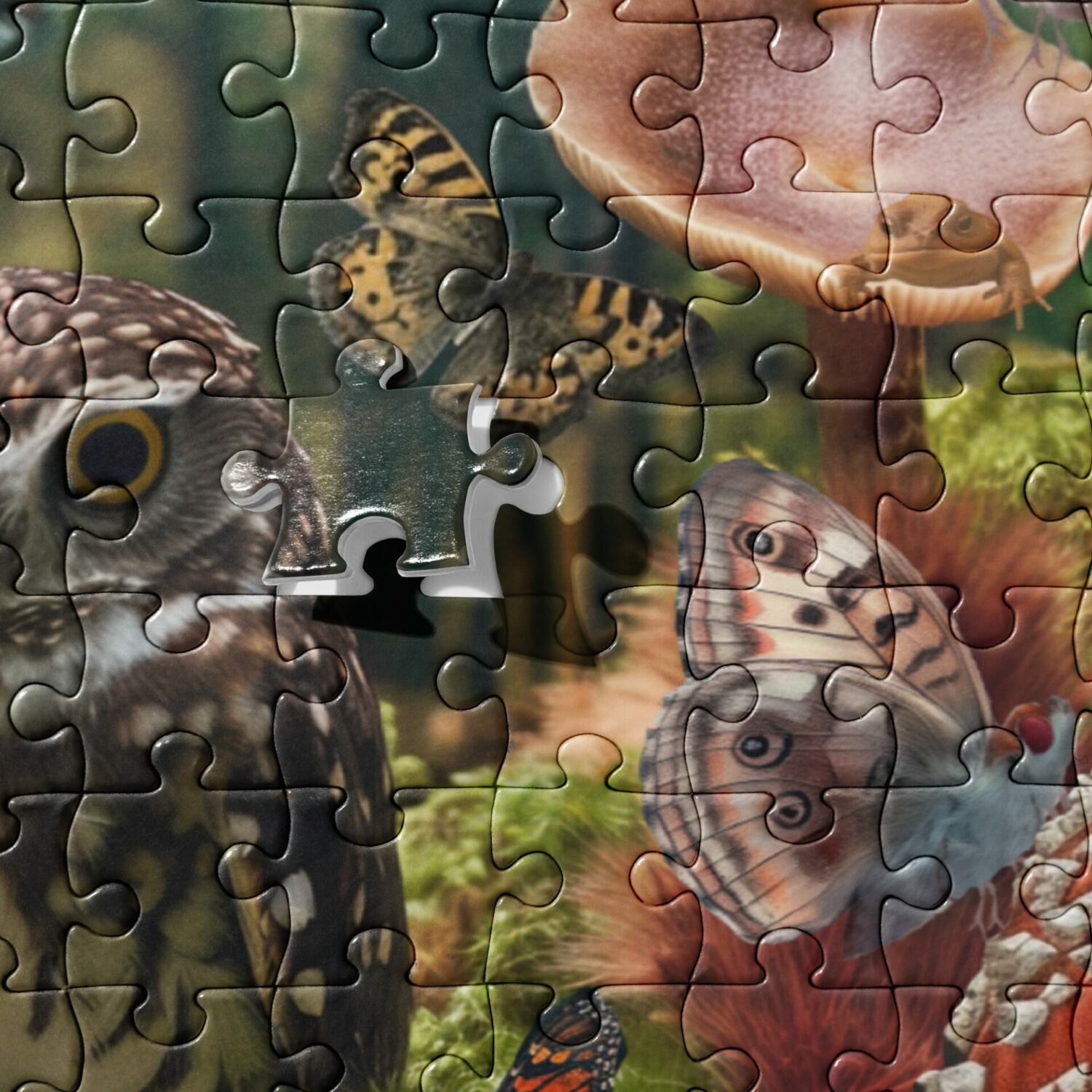 woodland creature puzzlewith wild mushrooms, frogs, owls, toads, turtles, raven, butterflies and moths. This beautiful forest puzzle is one of our best selling nature puzzles and our favorite puzzles with wild mushrooms