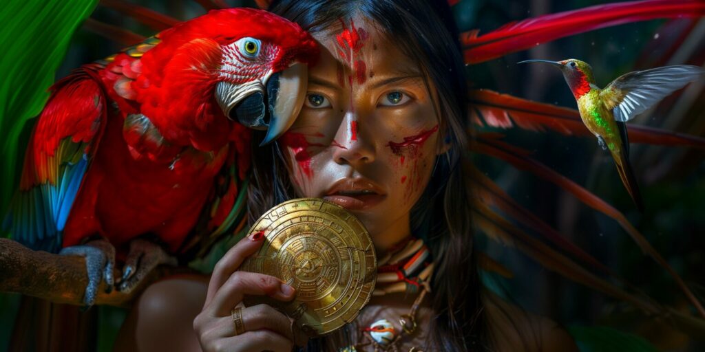 aztec gold held by an aztec princess with tropical birds. How much Aztec gold was stolen by conquistadors? aztec culture held ritual human sacrifices. prized gold and aztec pyramids in mexico. 