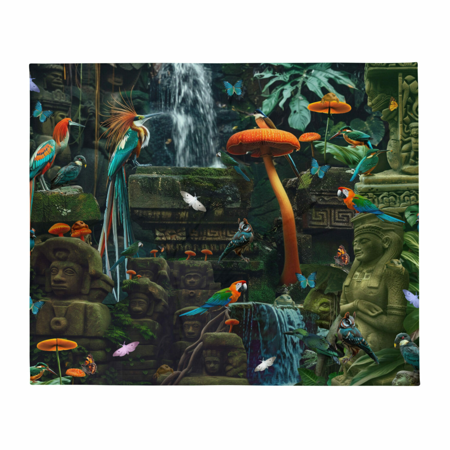 Lost city colorful animal blanket featuring tropical birds and ancient ruins in the Amazon vibrant enchanted blankets