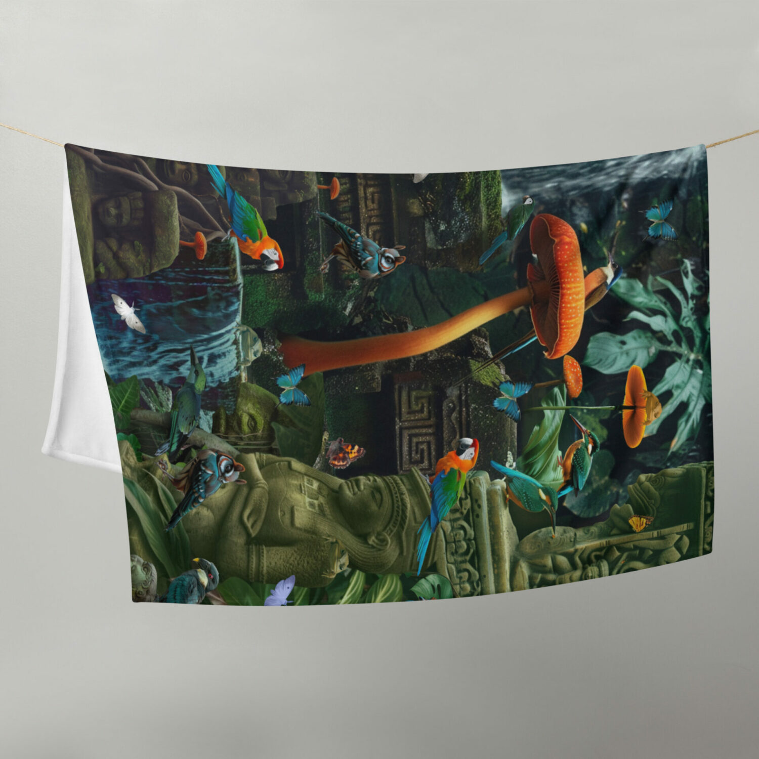 vibrant enchanted blankets Lost city colorful animal blanket featuring tropical birds and ancient ruins in the Amazon