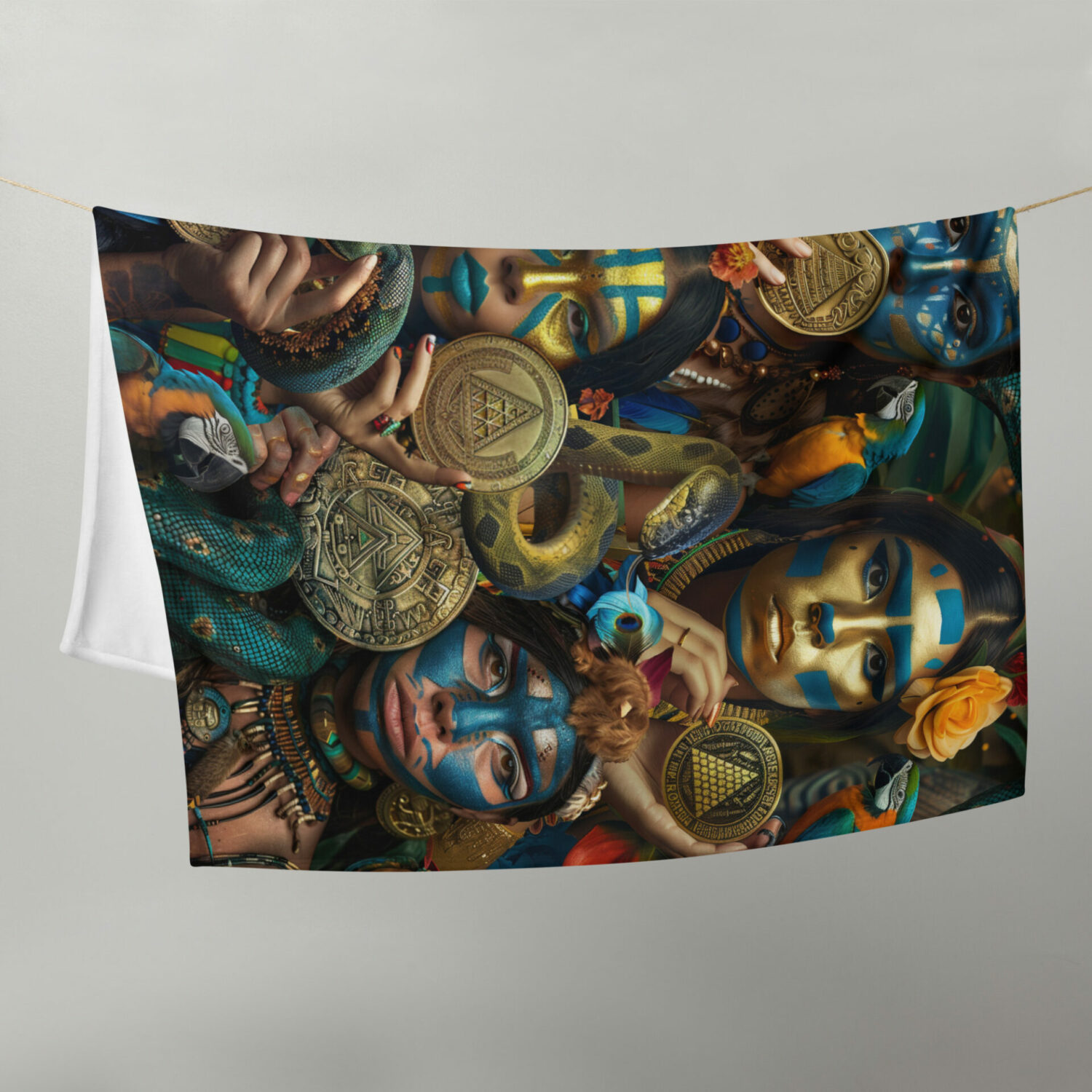 Legend of the Aztec gold curse throw blanket. gold aztec coins and aztec treasure art design on a soft blanket. tropical birds and plants in the jungle ancient cultures of mesoamerican aztec pyramids and human sacrifice rituals