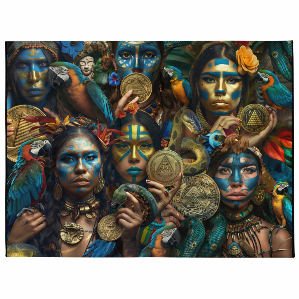 legend of the Aztec microfiber blanket with gold coins and tropical birds. Uncover the hidden truth of the legendary Aztec gold curse of 1519 and the lost culture of the Aztec people: agriculture, human sacrifice, and metallurgy 