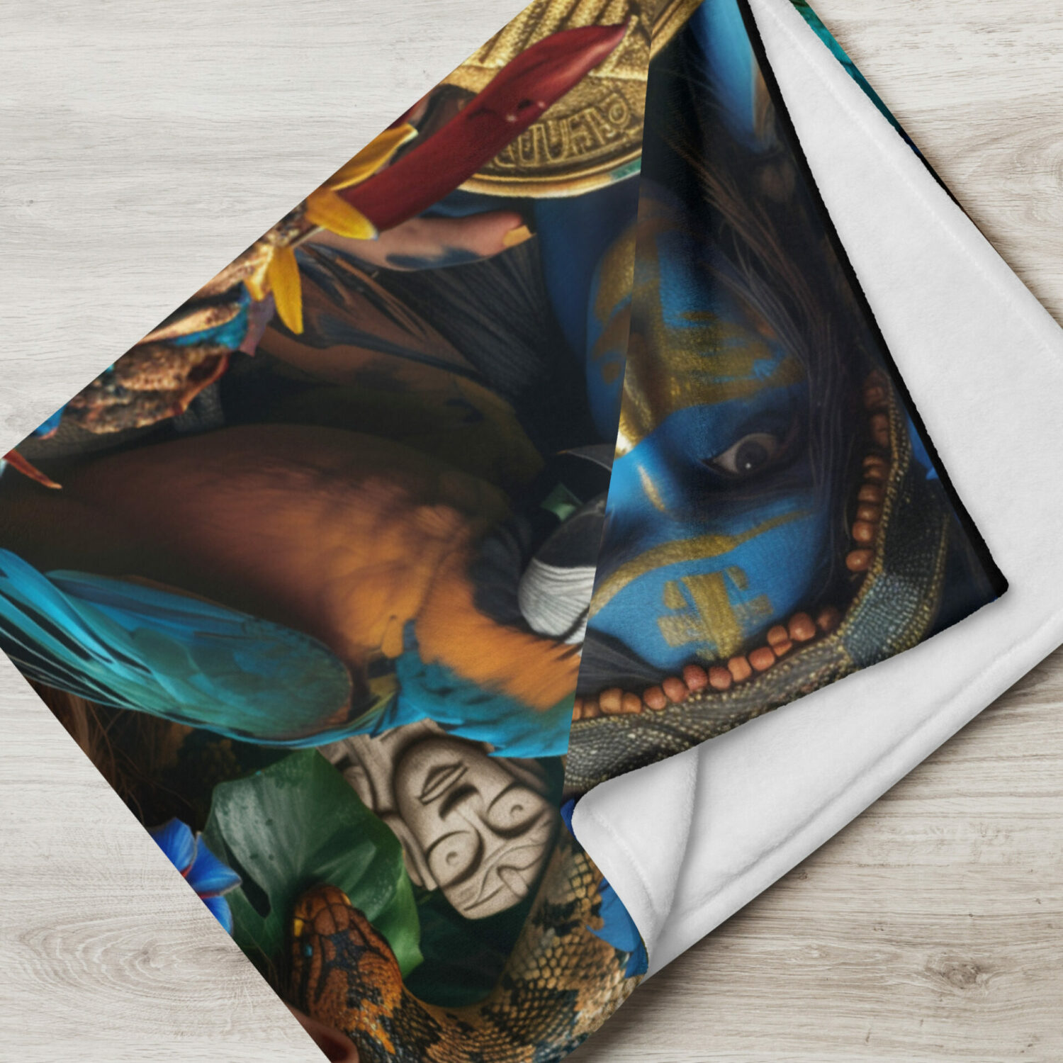 Legend of the Aztec gold curse throw blanket. gold aztec coins and aztec treasure art design on a soft blanket. tropical birds and plants in the jungle ancient cultures of mesoamerican aztec pyramids and human sacrifice rituals