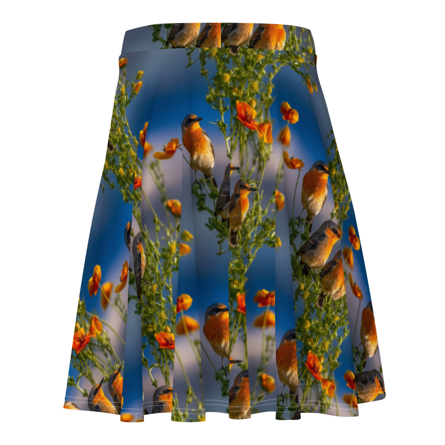 fun short skirt with bluebirds on a sunny day. thigh length skirt with wild songbird print