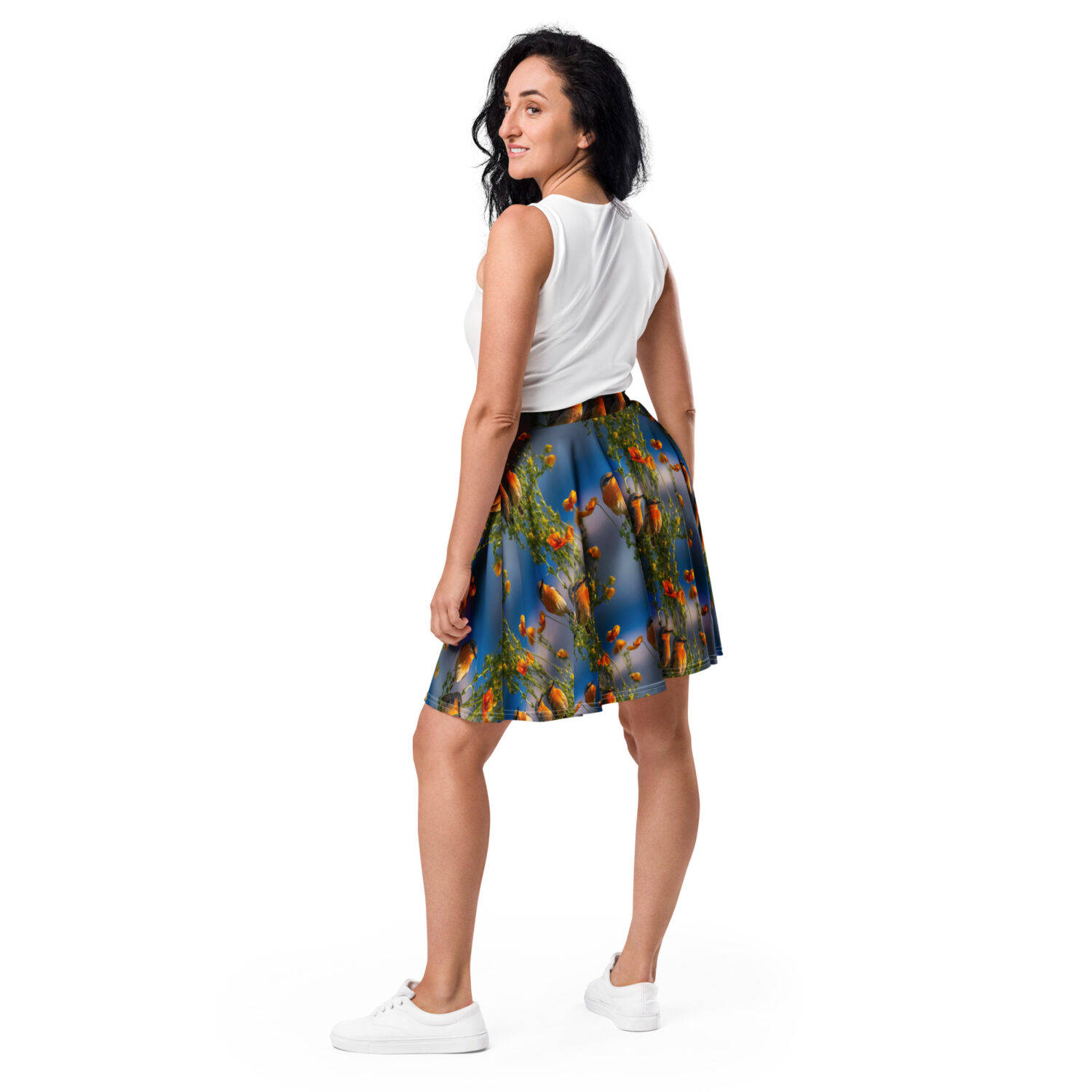 fun short skirt with bluebirds on a sunny day. thigh length skirt with wild songbird print