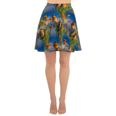 fun short skirt with bluebirds on a sunny day. thigh length skirt with wild songbird print