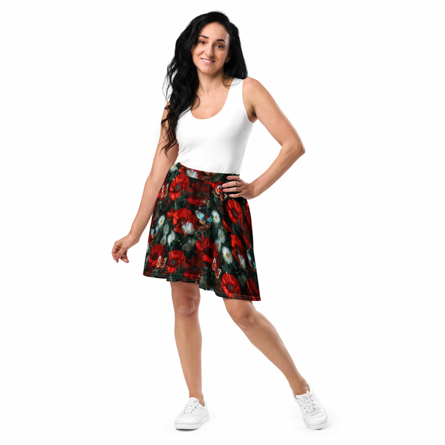 all over print skater skirt white front 6643ba6393698