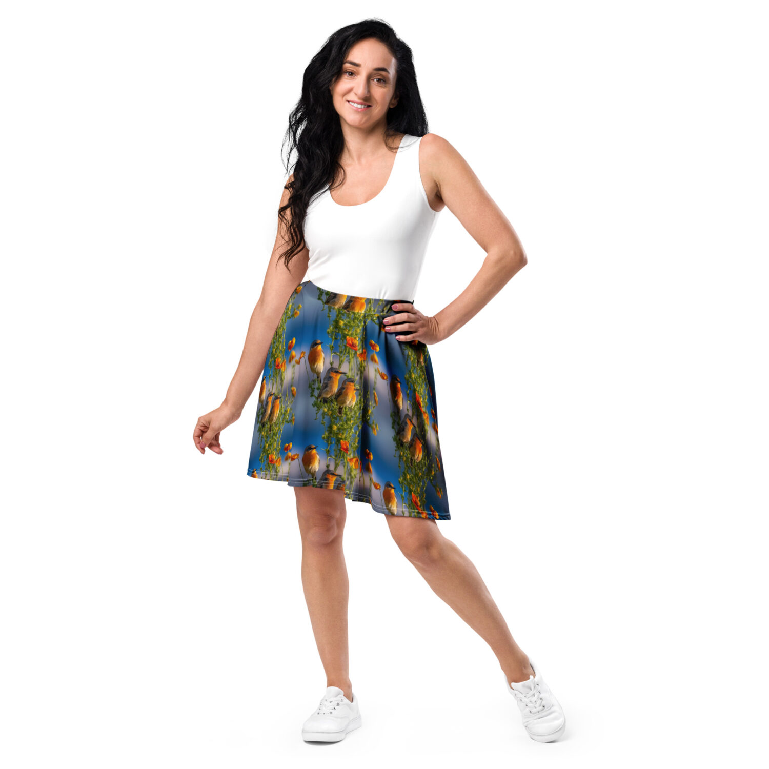 fun short skirt with bluebirds on a sunny day. thigh length skirt with wild songbird print