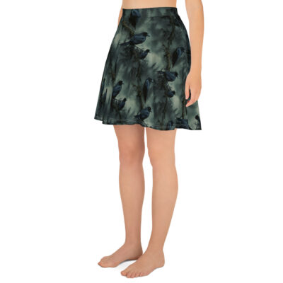 ominous short skirt with ravens that is thigh length with a flirty fun cut. Unique with custom printed soft fabric. The print design is set in a misty forest